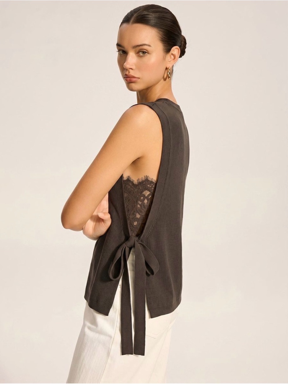 Commense Charcoal Lace-Panel Side-Tie Tank Top